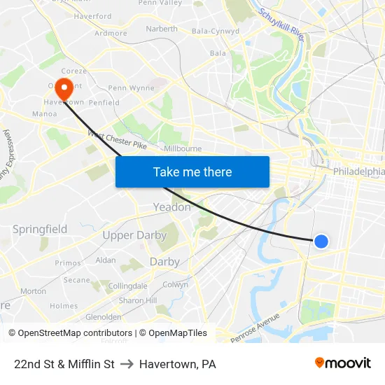 22nd St & Mifflin St to Havertown, PA map