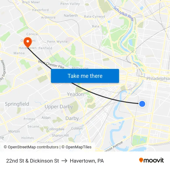 22nd St & Dickinson St to Havertown, PA map