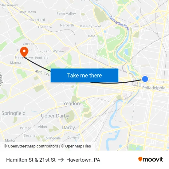 Hamilton St & 21st St to Havertown, PA map