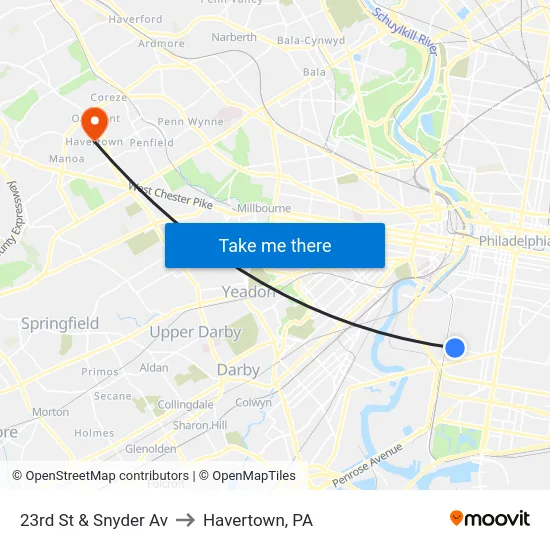 23rd St & Snyder Av to Havertown, PA map