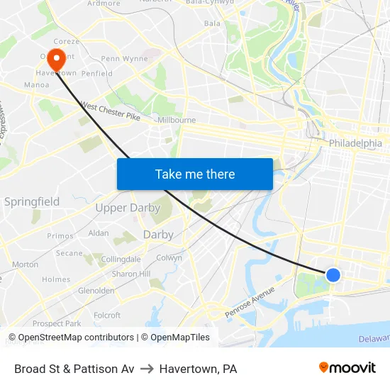 Broad St & Pattison Av to Havertown, PA map