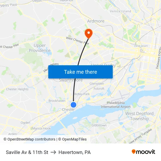 Saville Av & 11th St to Havertown, PA map
