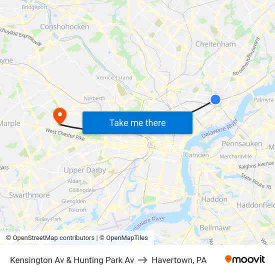 Kensington Av & Hunting Park Av to Havertown, PA map