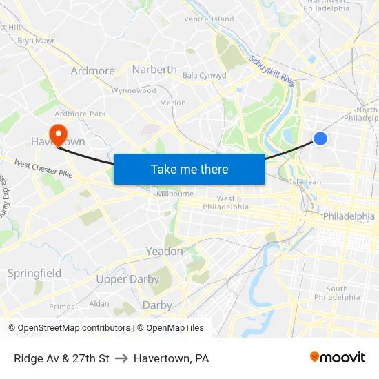 Ridge Av & 27th St to Havertown, PA map