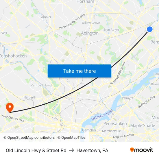 Old Lincoln Hwy & Street Rd to Havertown, PA map