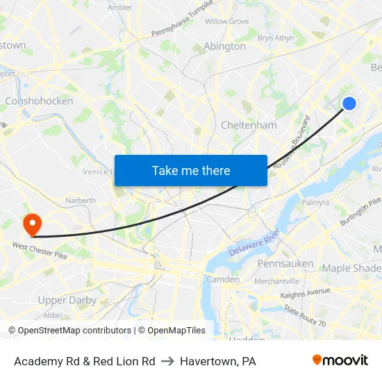 Academy Rd & Red Lion Rd to Havertown, PA map