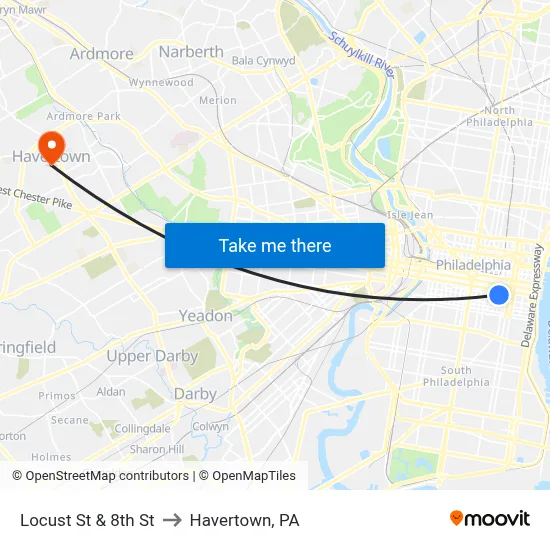 Locust St & 8th St to Havertown, PA map