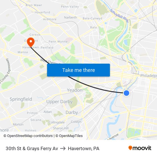 30th St & Grays Ferry Av to Havertown, PA map