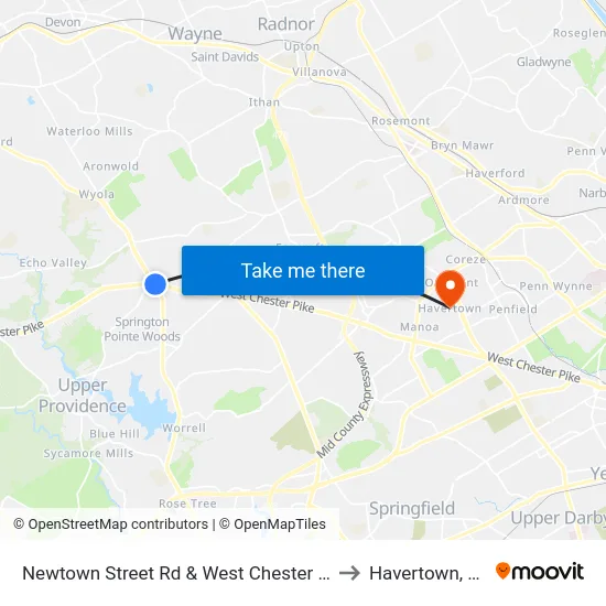 Newtown Street Rd & West Chester Pk to Havertown, PA map