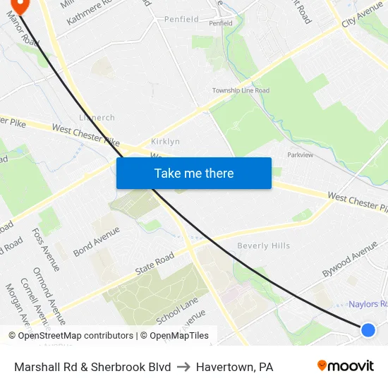Marshall Rd & Sherbrook Blvd to Havertown, PA map