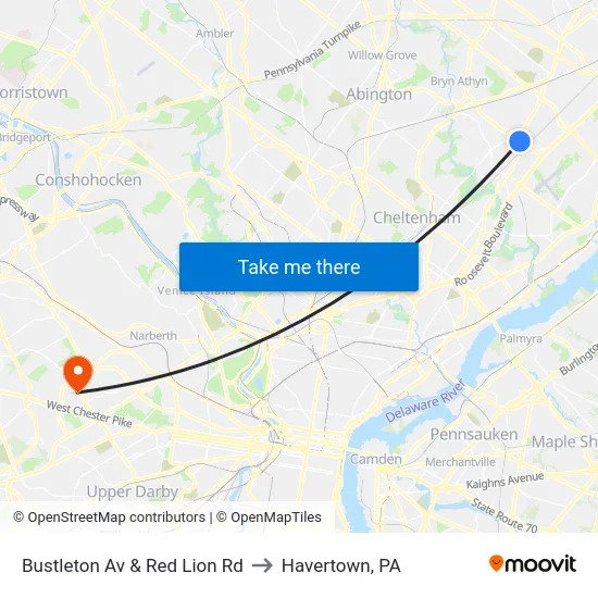 Bustleton Av & Red Lion Rd to Havertown, PA map