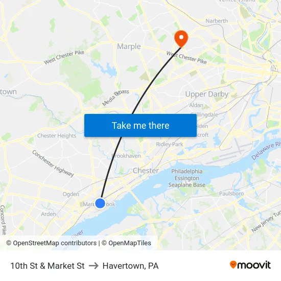 10th St & Market St to Havertown, PA map
