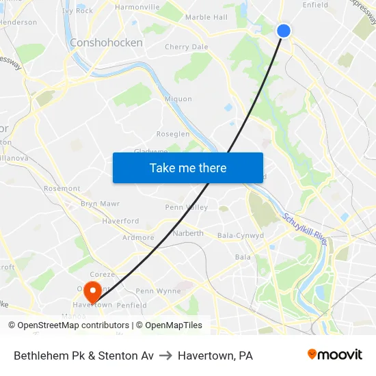 Bethlehem Pk & Stenton Av to Havertown, PA map