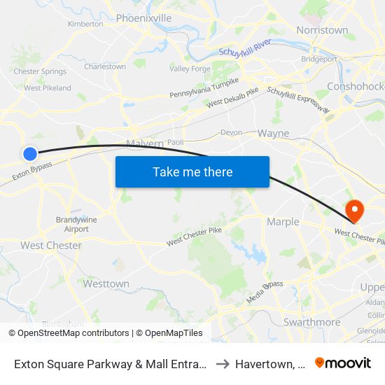 Exton Square Parkway & Mall Entrance to Havertown, PA map