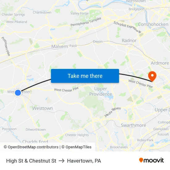 High St & Chestnut St to Havertown, PA map