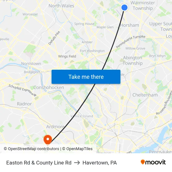 Easton Rd & County Line Rd to Havertown, PA map