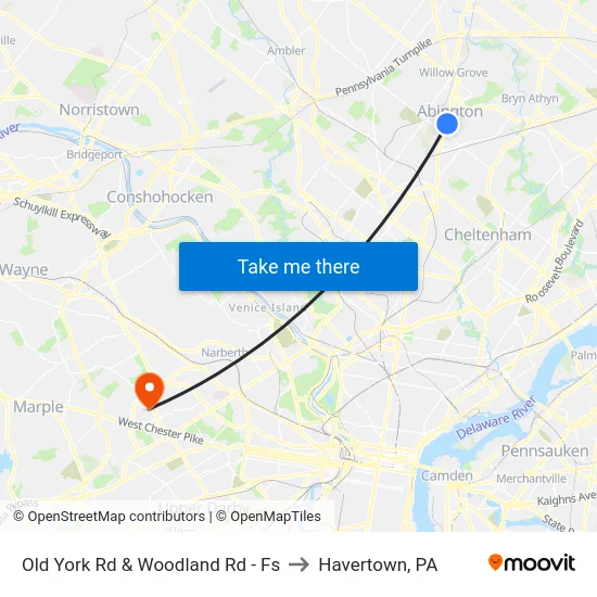 Old York Rd & Woodland Rd - Fs to Havertown, PA map