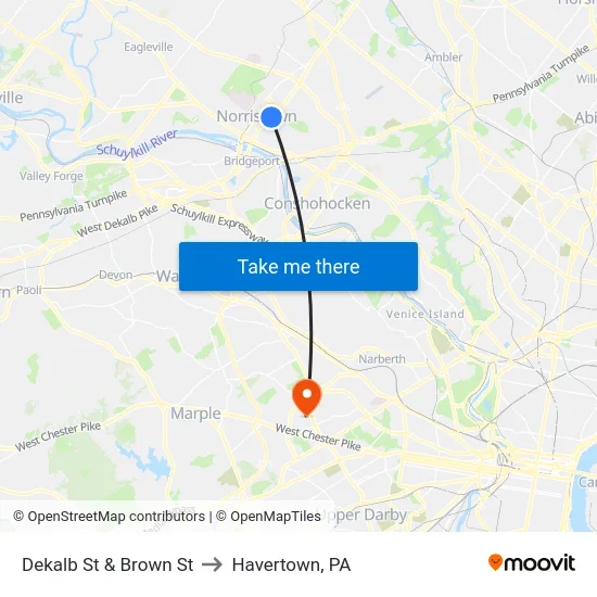 Dekalb St & Brown St to Havertown, PA map