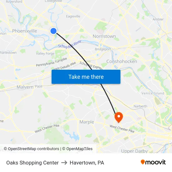 Oaks Shopping Center to Havertown, PA map