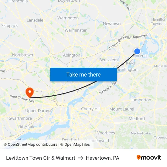 Levittown Town Ctr & Walmart to Havertown, PA map