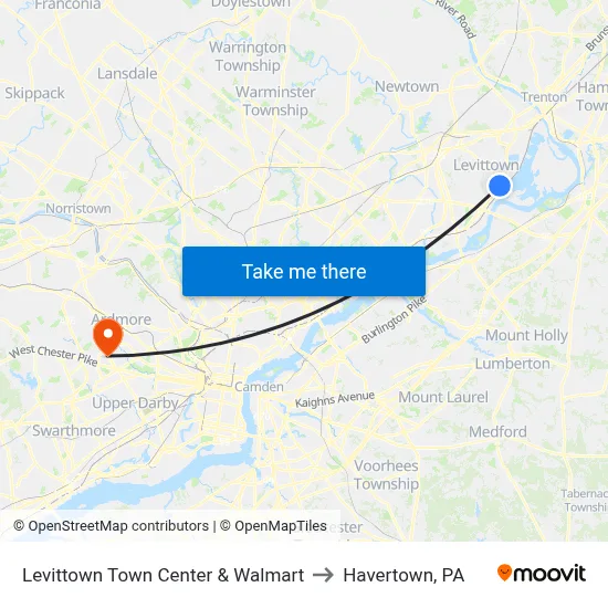 Levittown Town Center & Walmart to Havertown, PA map