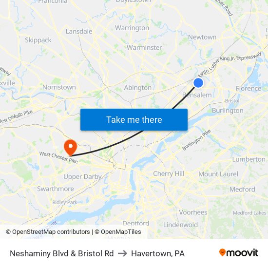 Neshaminy Blvd & Bristol Rd to Havertown, PA map