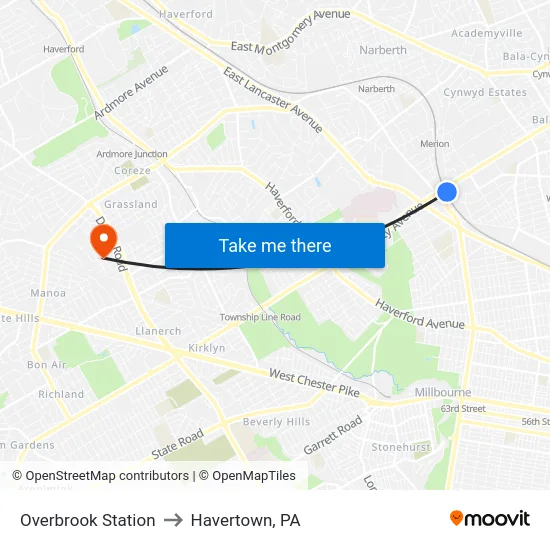 Overbrook Station to Havertown, PA map