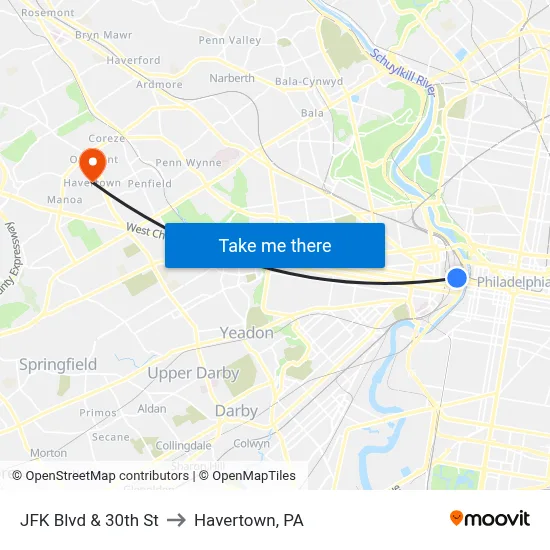 JFK Blvd & 30th St to Havertown, PA map
