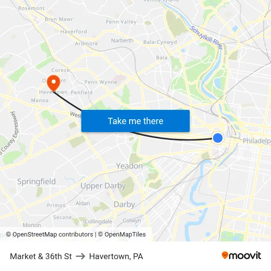 Market & 36th St to Havertown, PA map