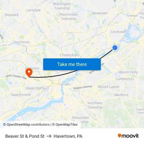Beaver St & Pond St to Havertown, PA map