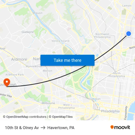 10th St & Olney Av to Havertown, PA map