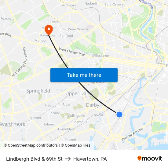 Lindbergh Blvd & 69th St to Havertown, PA map