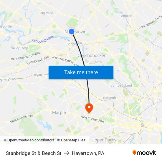 Stanbridge St & Beech St to Havertown, PA map