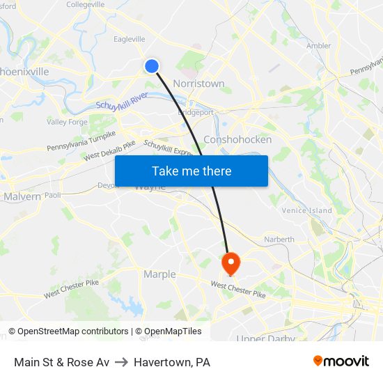 Main St & Rose Av to Havertown, PA map