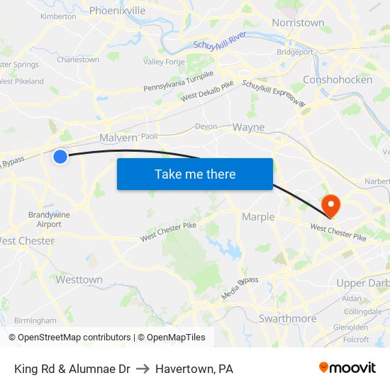 King Rd & Alumnae Dr to Havertown, PA map