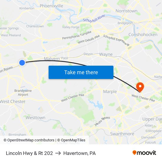 Lincoln Hwy & Rt 202 to Havertown, PA map