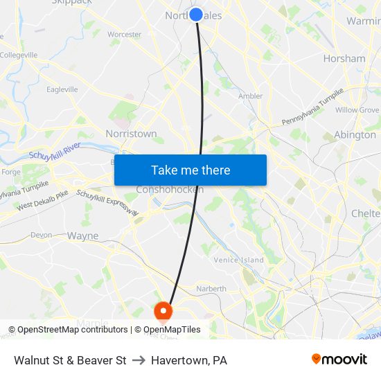 Walnut St & Beaver St to Havertown, PA map