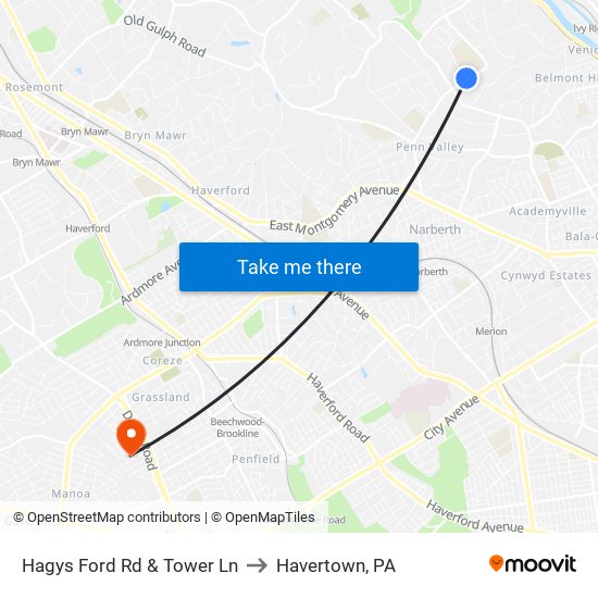 Hagys Ford Rd & Tower Ln to Havertown, PA map