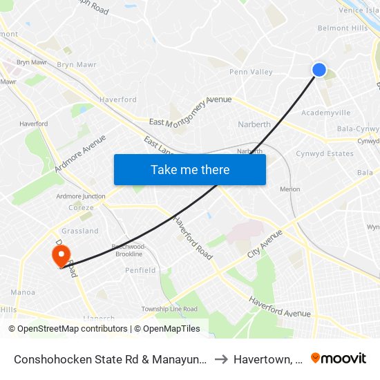 Conshohocken State Rd & Manayunk Rd to Havertown, PA map