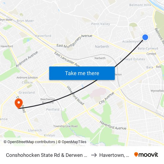 Conshohocken State Rd & Derwen Rd to Havertown, PA map