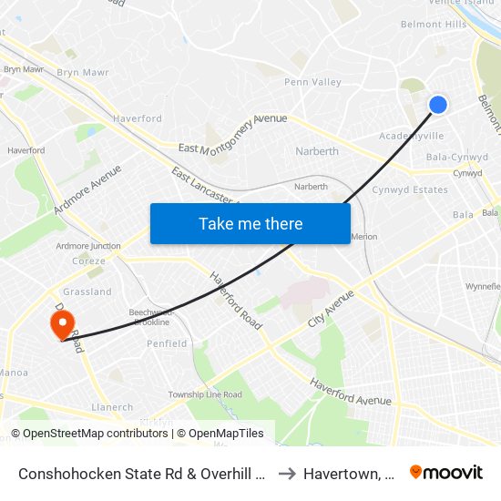 Conshohocken State Rd & Overhill Rd to Havertown, PA map