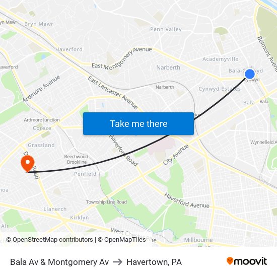 Bala Av & Montgomery Av to Havertown, PA map