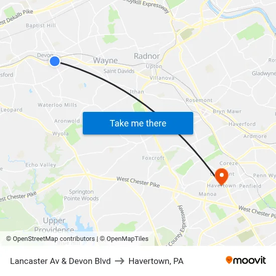 Lancaster Av & Devon Blvd to Havertown, PA map