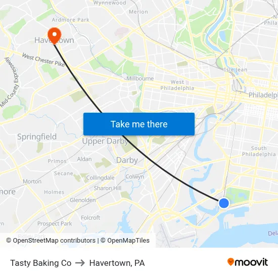Tasty Baking Co to Havertown, PA map