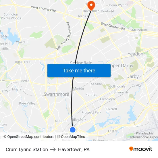 Crum Lynne Station to Havertown, PA map