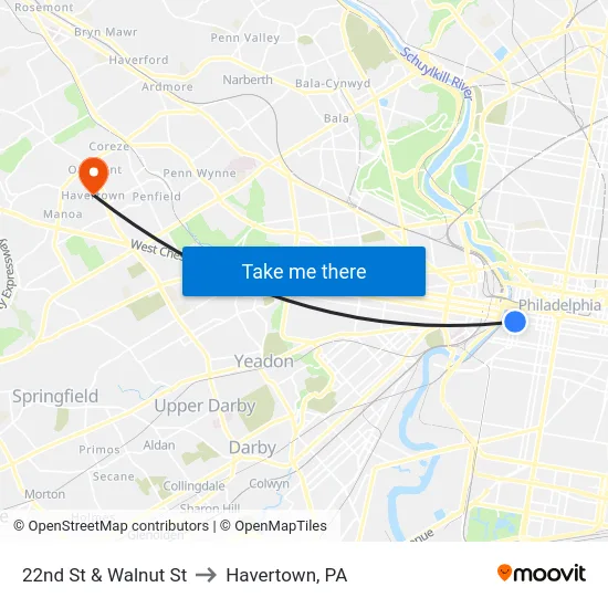 22nd St & Walnut St to Havertown, PA map