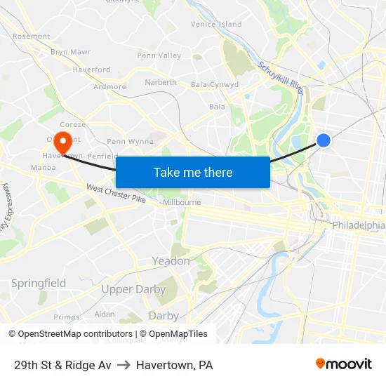 29th St & Ridge Av to Havertown, PA map