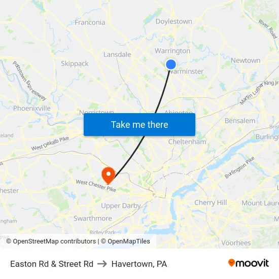 Easton Rd & Street Rd to Havertown, PA map
