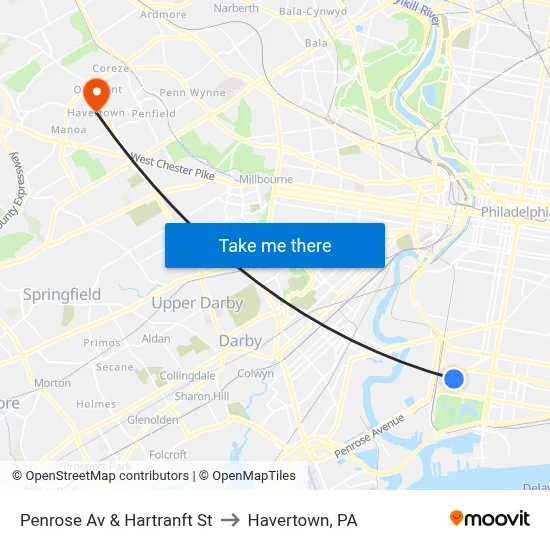 Penrose Av & Hartranft St to Havertown, PA map