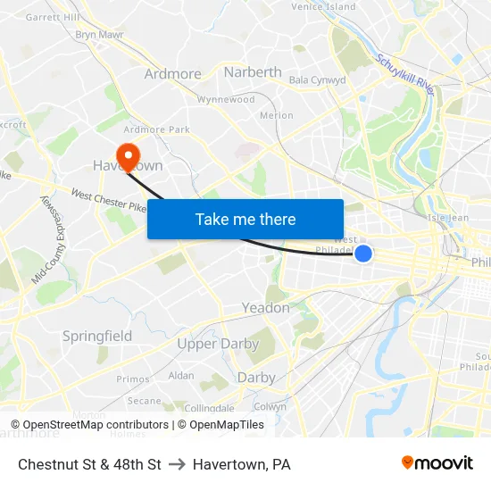 Chestnut St & 48th St to Havertown, PA map